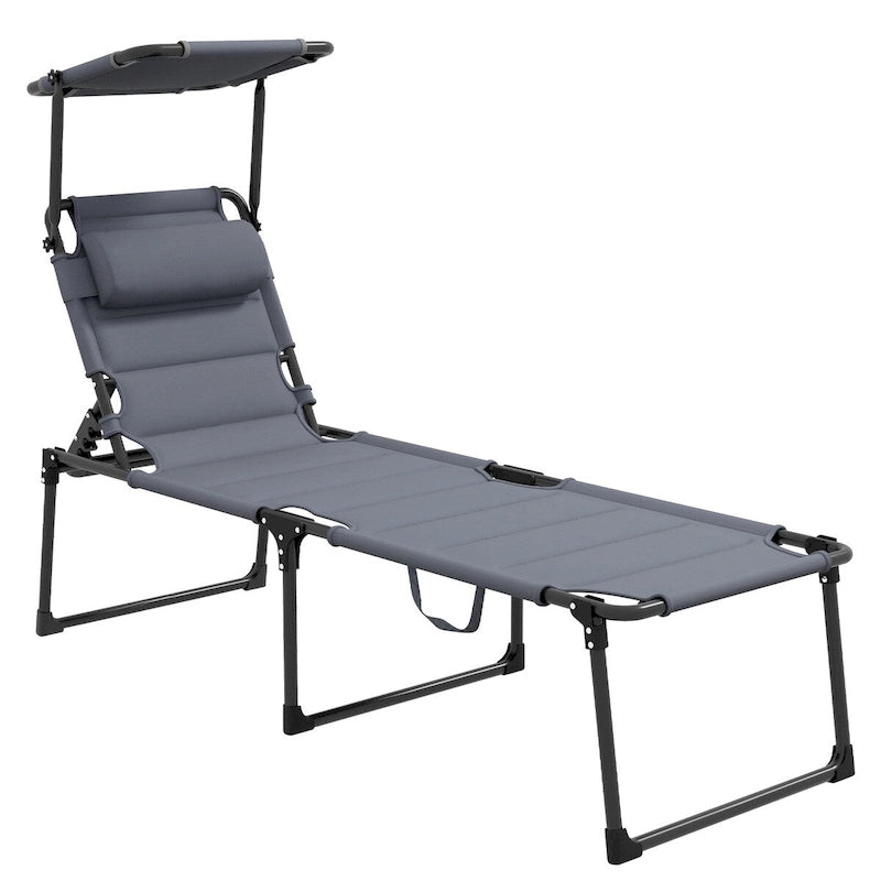 Lounge Chair, Adjustable Backrest Folding Chaise Lounge, Cushioned Tanning Chair Sunshade Roof & Pillow Headrest