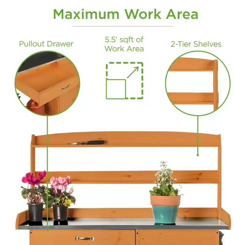 Best Choice Products Outdoor Garden Wooden Potting Bench Station w/ Metal Table Top, Pre-Stained Finish, Cabinet - Brown