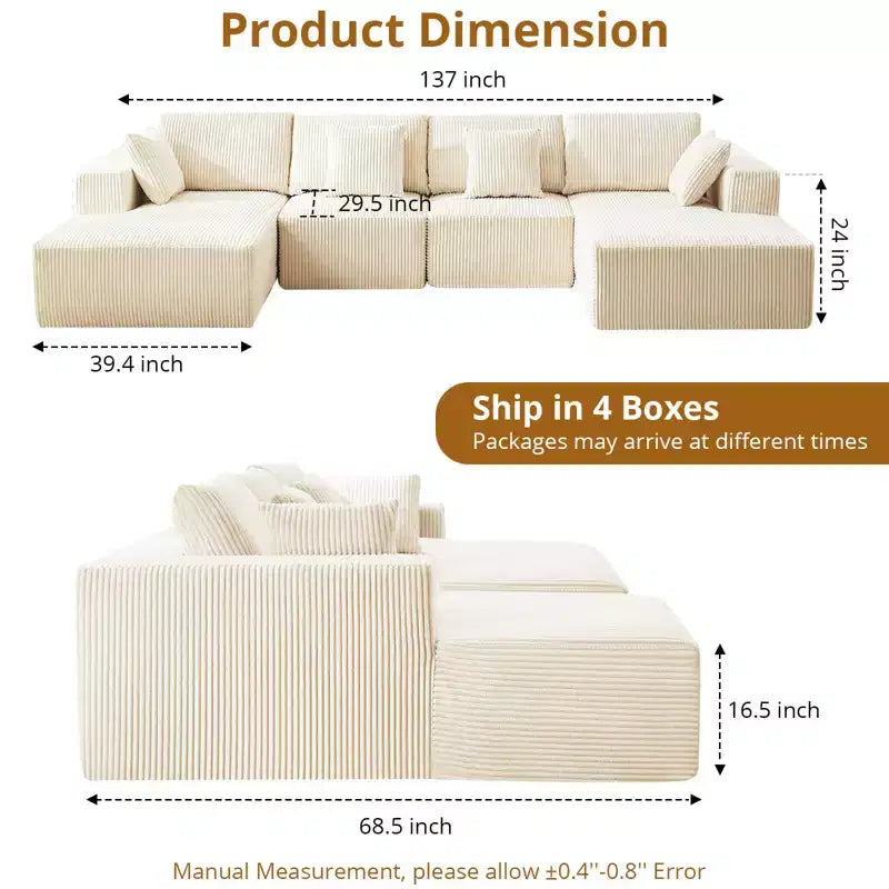 137 U-Shaped Cloud Sectional Couch with Chaise, Boneless Corduroy Couch with Deep Seat, Modern Oversized Modular Upholstered Sofa, for Living Room