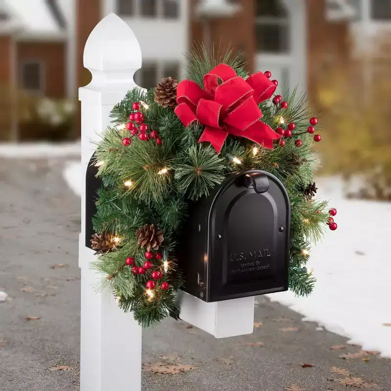Haute Décor 30" Battery Operated Pre-Lit LED Mixed Greenery Christmas Artificial Mailbox Swag Green with White Lights