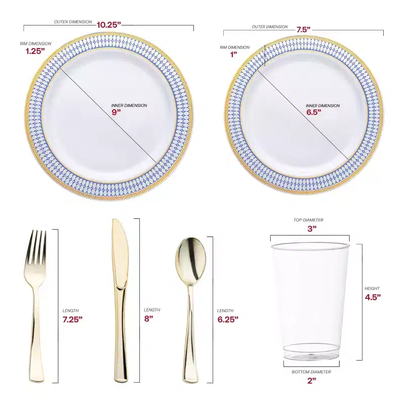 Smarty Had A Party White w/ Blue and Gold Chord Rim Plastic Wedding Set - 30 Sets