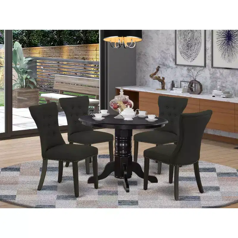 HomeStock 5-Piece Round Black Finish Solid Wood Top Dining Table with 4 Upholstered Chairs