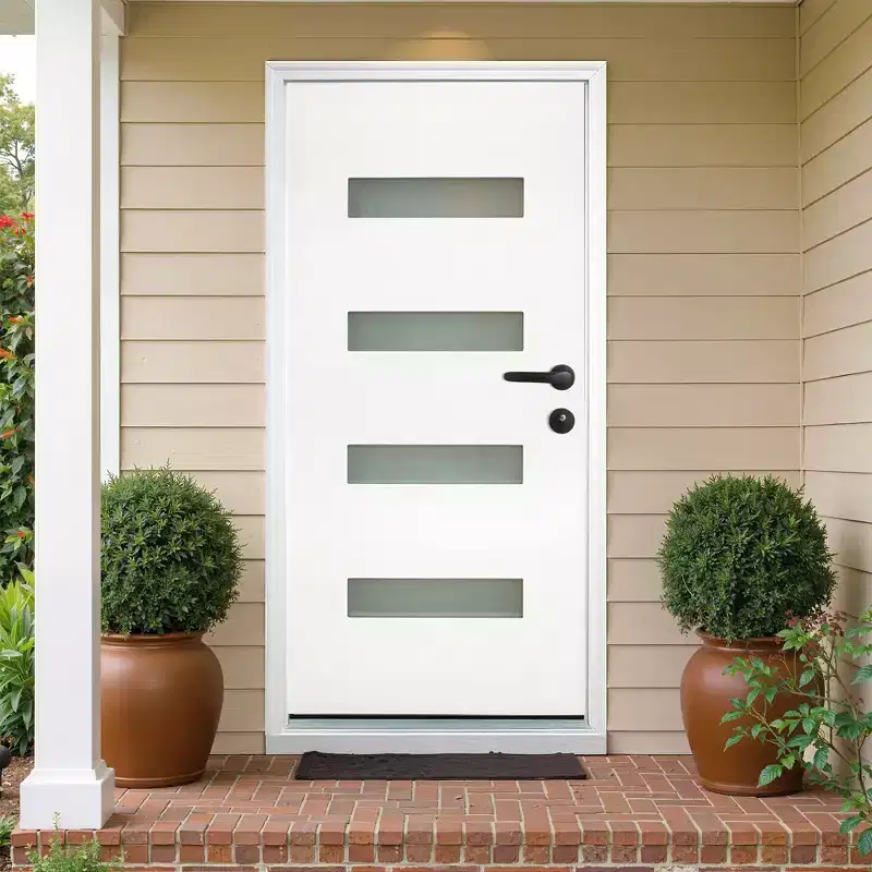 PexFix Fiberglass Entry Door Knock-Down with 4-9/16 Vinyl Frame 4-Lite Frosted Glass Contemporary for Home's Front Entrance