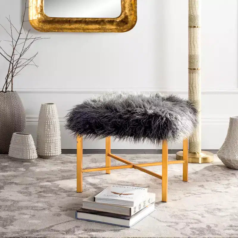 Horace Faux Lamb X- Square Bench - FOX6267 - Gray - Safavieh Couture