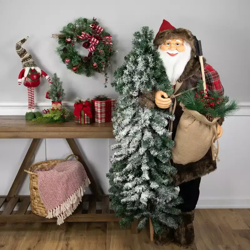 Northlight Standing Woodland Santa Claus with Flocked Alpine Tree Commercial Christmas Figure - 5'