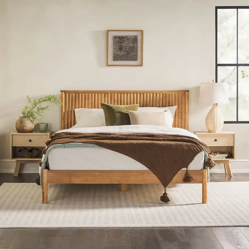 Reeded Headboard Solid Pine Queen Bed Frame