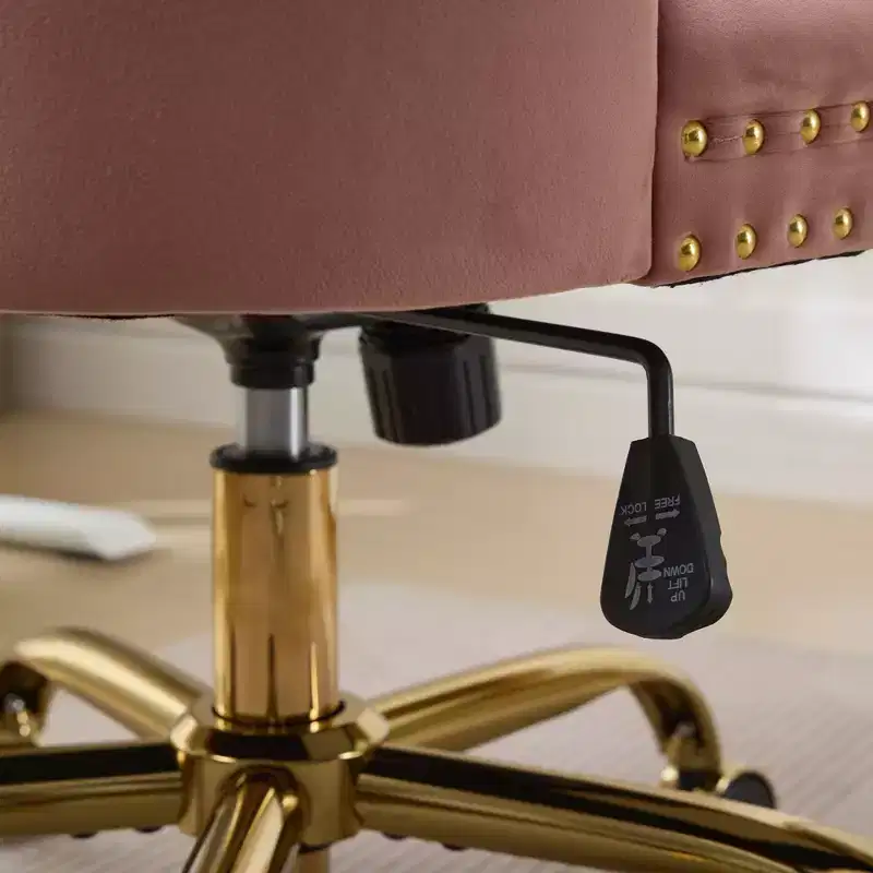 Adjustable Desk Chair Swivel Office Chair, Modern Velvet Upholstered Tufted Button Home Office Chair with Golden Metal Base, Pink
