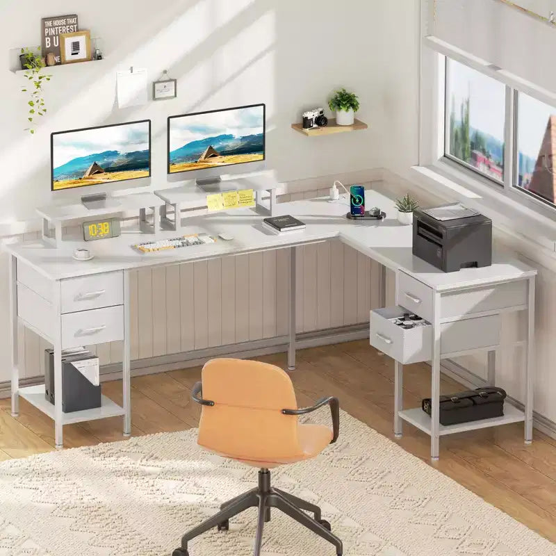 66 Inch White L Shaped Computer Desk with Charging Station 94.4 Inch Long Two Person Gaming Desk 4 Drawers 2 Monitor Stands Home Office Storage