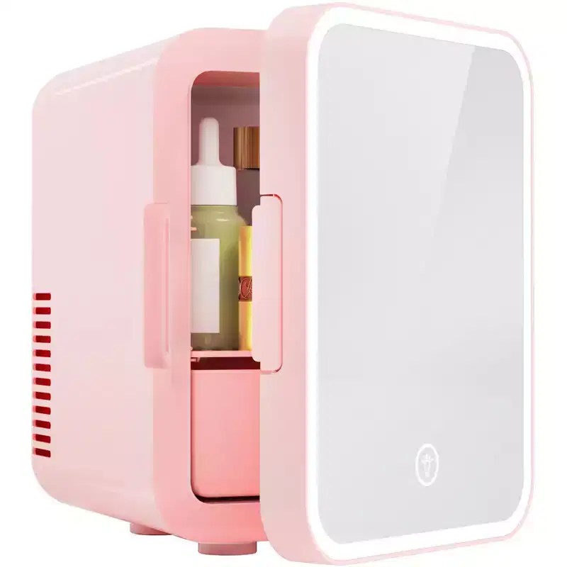 Simzlife 5L Mini Cooler & Warmer for Skincare & Cosmetic, AC/DC, Dimmable LED Mirror, for Bedroom/Car/Office, Portable Beauty Refrigerator, Pink/White