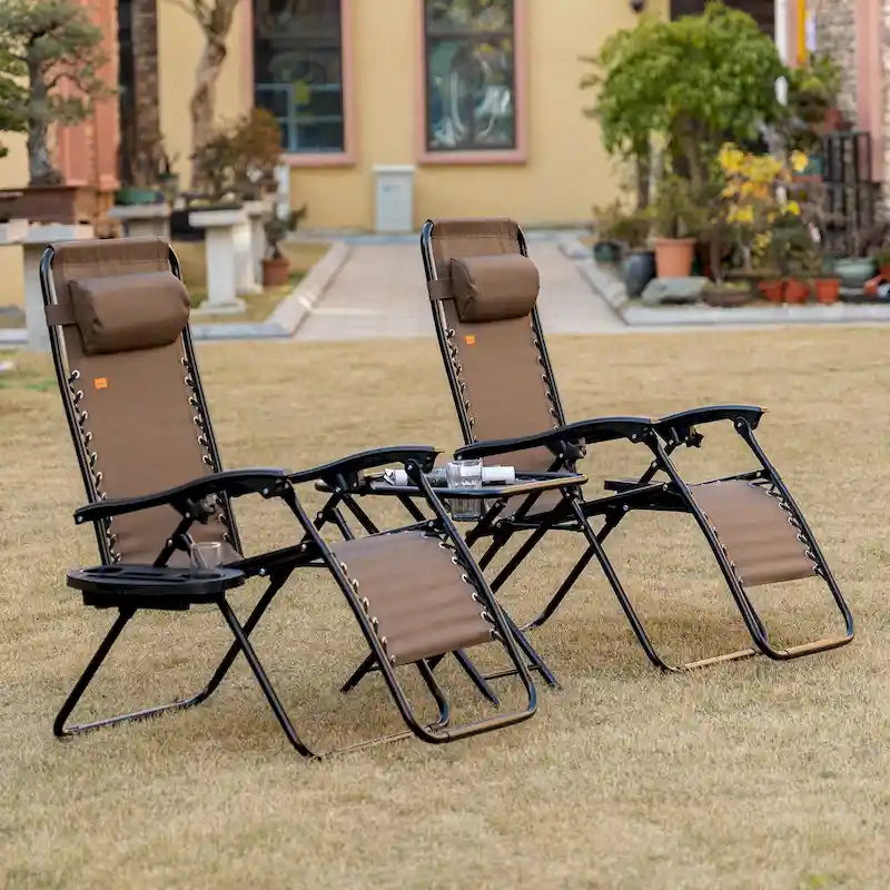 3 Pieces Chair Set with Table, Folding Reclining Chair and Cupholders