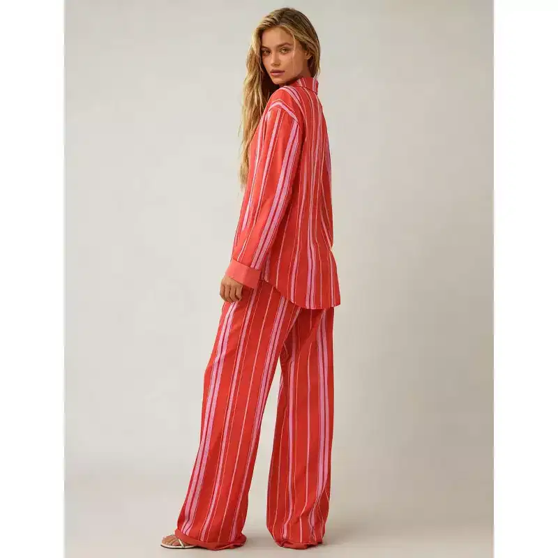 Cherie Code Womens Striped ColorBlock Lounge Set  ButtonFront Shirt & ElasticWaist WideLeg Pants