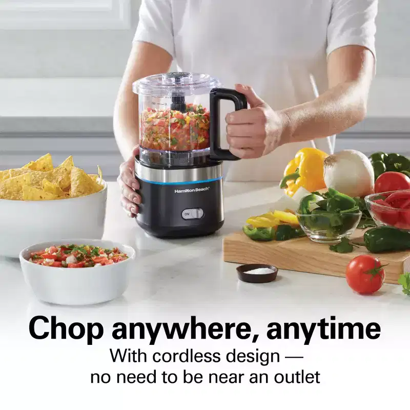 Hamilton Beach Cordless Food Chopper 4 Cup 72880: 1-Year Warranty, Dishwasher-Safe, Black, 12W, Electric Slicer