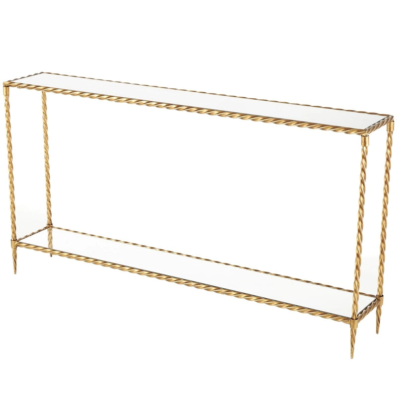 Metal Twisted Rope Inspired 1 Shelf Console Table with Mirrored Glass Top and Shelf - Gold - Roche River Decor