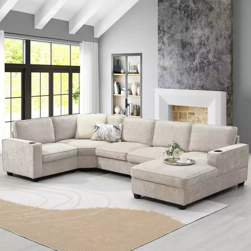 Whisen U Shaped Sectional Sofa,6 Seat Chenille Corner Couch Set with Oversized Chaise Lounge