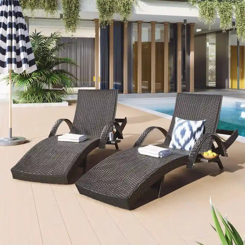2-Piece 80Lounge Chairs,Patio Rattan Reclining Chair Pull-out Table Adjustable Backrest Ergonomic Wave Sunbathing Recliners