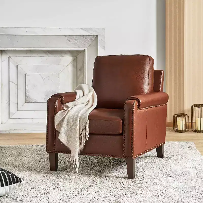 Hellmuth Genuine Leather Armchair with Removable Cushion and Nailhead Trims | HULALA HOME