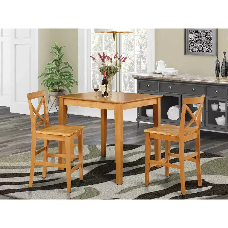 Counter Height Dining Set - Pub Table & Stools - Modern Design - Asian Wood - Brown Finish