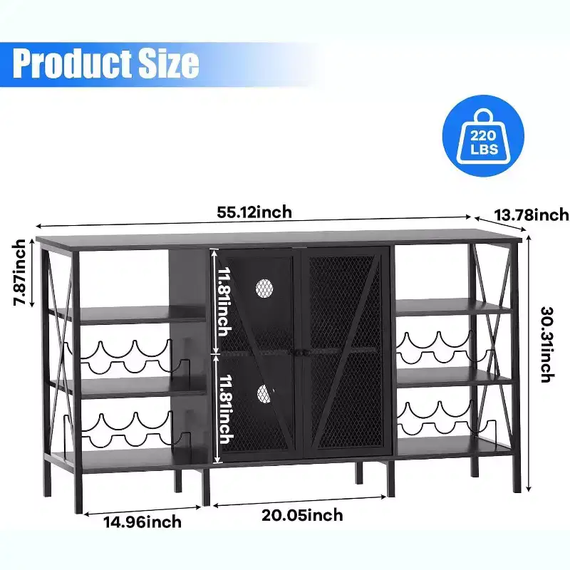 55 Wine Bar Cabinet, Modern Liquor Cabinet Station with Wine Rack & Mesh Door, Kitchen Sideboard Buffet Cabinet for Living Room, Kitchen, Entryway