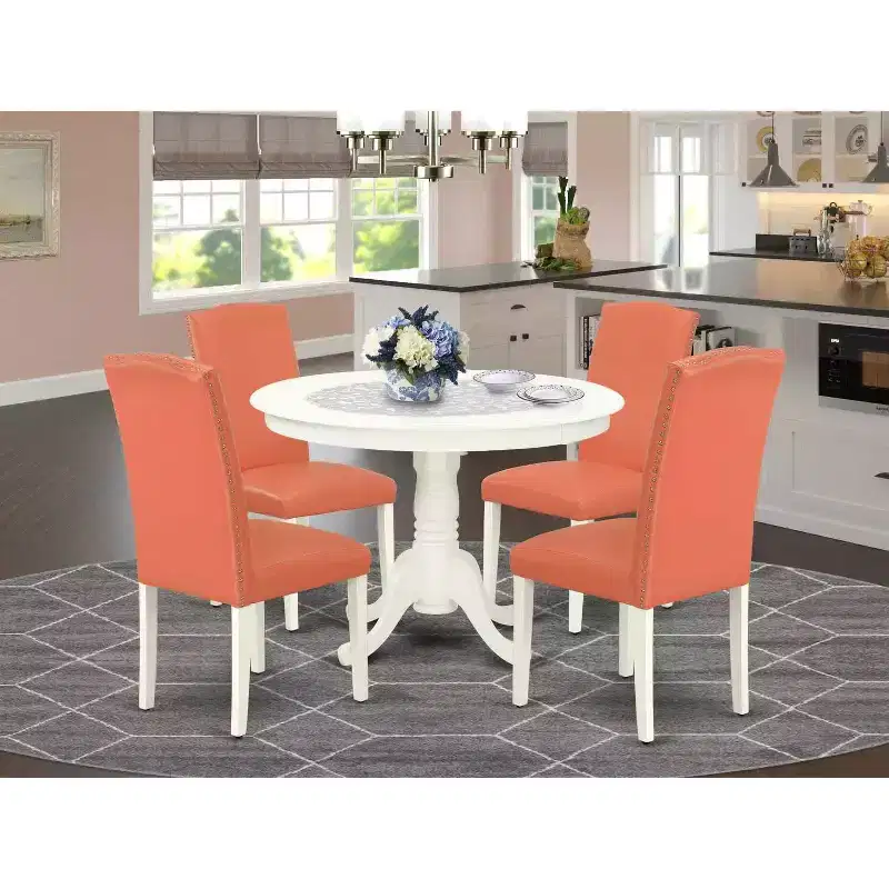 Round Dinette Set 5Pc - 42 Inch Table & 4 Chairs - Pink Flamingo PU Leather - Home Kitchen Furniture