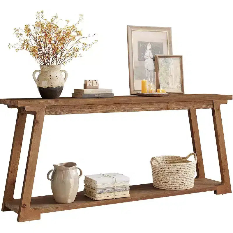 63-Inch 2-Tier Solid Wood Console Table, Narrow Sofa Table for Living Room, Hallway, Entryway