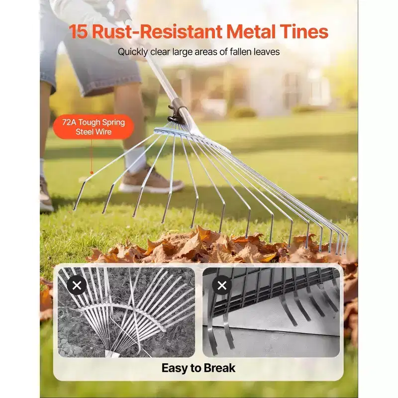 Adjustable Metal Leaf Rake 15 Tines Expandable Head Telescoping Handle Garden Tool
