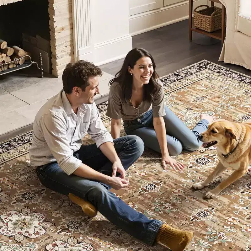 VEVOR Area Rug, 7.5 x 9.5 ft Large Washable Rug, Non-Slip and Tear-Resistant Soft Carpet, Pet Friendly Vintage Area Rugs, Indoor Mat, Brown Green