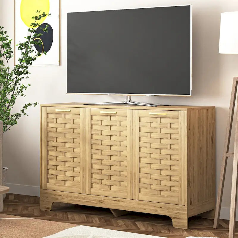 Farmhouse Woven Door Sideboard Buffet Cabinet with Adjustable Shelf | Wood Finish