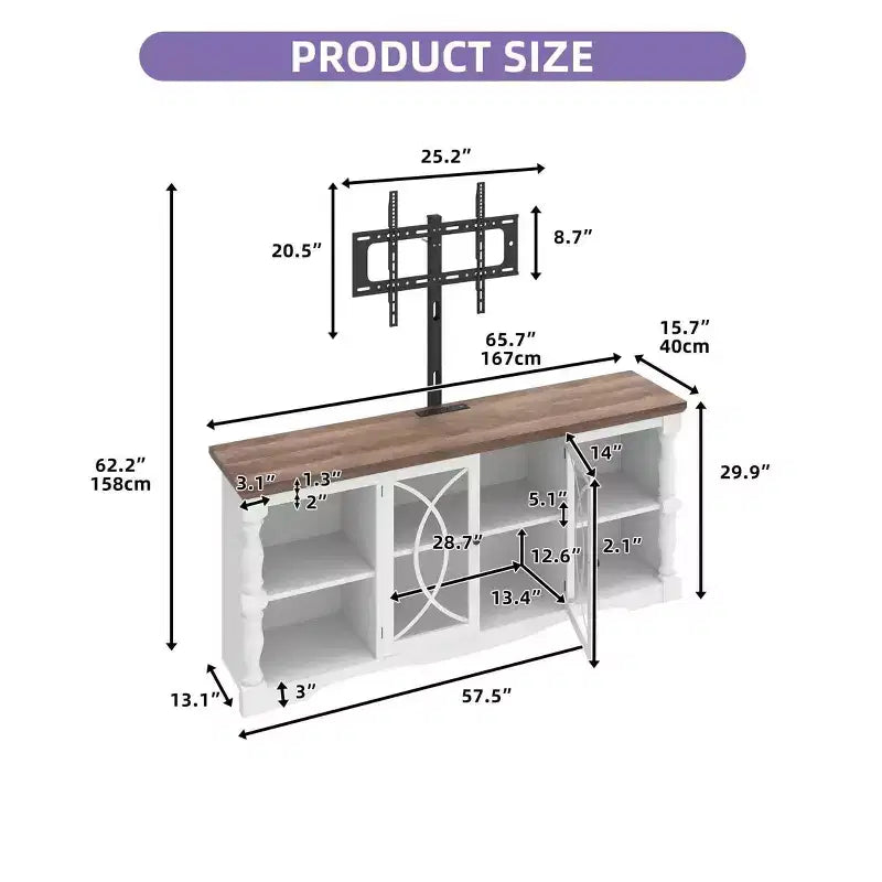 TV Stand with Mount & Power Outlets for 32-70 Inch TV, Farmhouse Entertainment Center with Height Adjustable for Living Room, Washed Grey & White
