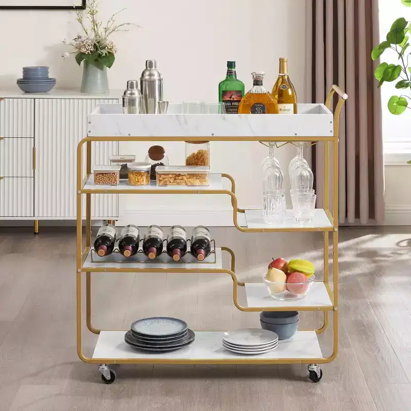 NAYSAYE 6 Tier Bar Cart Retro Style Rolling Serving Cart with Wine Rack and Glass Holder for Kitchen and Dining, Gold, 35.63*13.98*40.35
