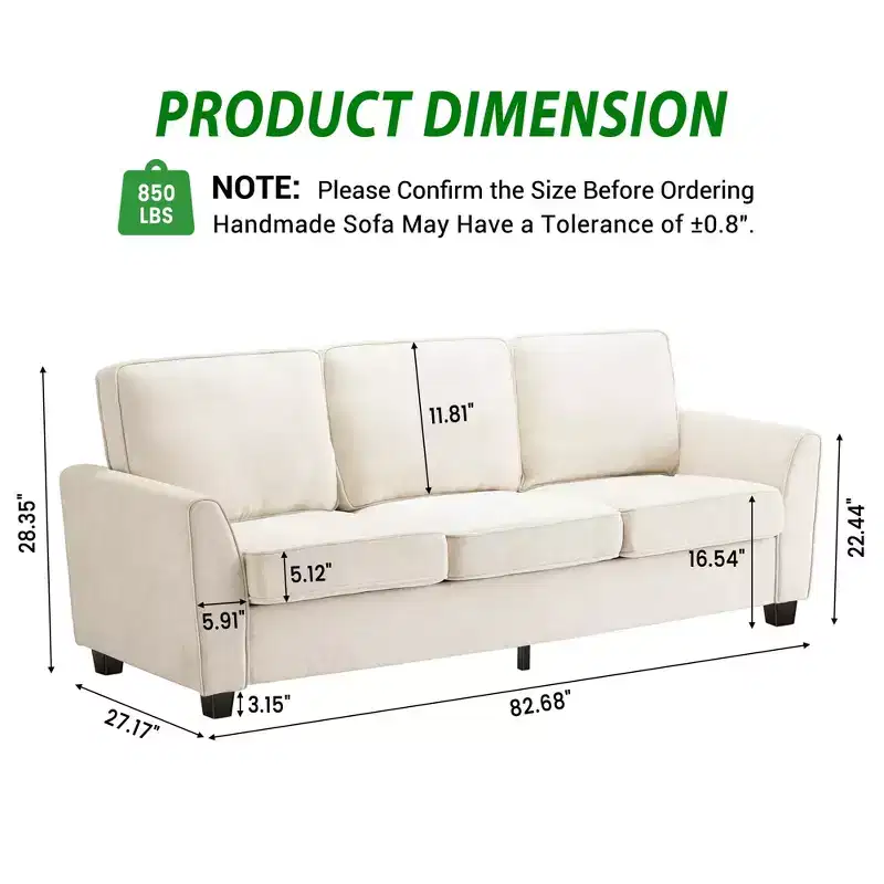 GustoWave 82 Sofa for Living Room, Modern Comfy Sofa with Medium Firm Seat Cushion, Removable Cover, Chenille Fabric Couches