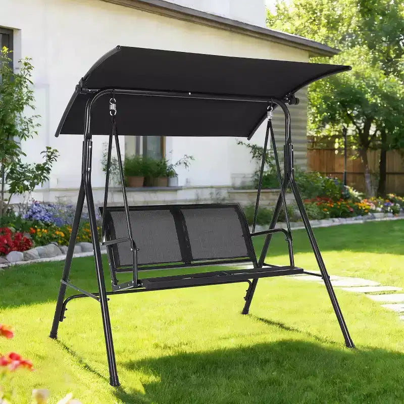 Black 2-Person Outdoor Canopy Swing  Weather-Resistant Steel Frame & Breathable Mesh Seat for Patio & Backyard