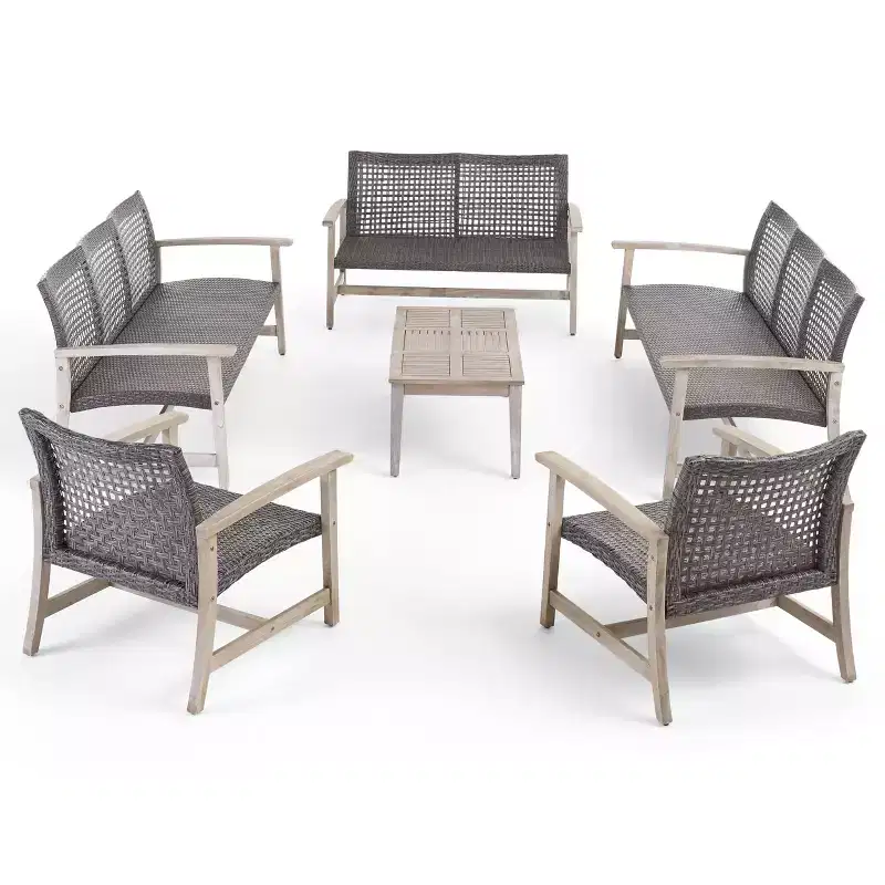 Christopher Knight Home Hampton Outdoor Acacia Wood and Wicker 10 Seater Sofa and Loveseat Chat Set