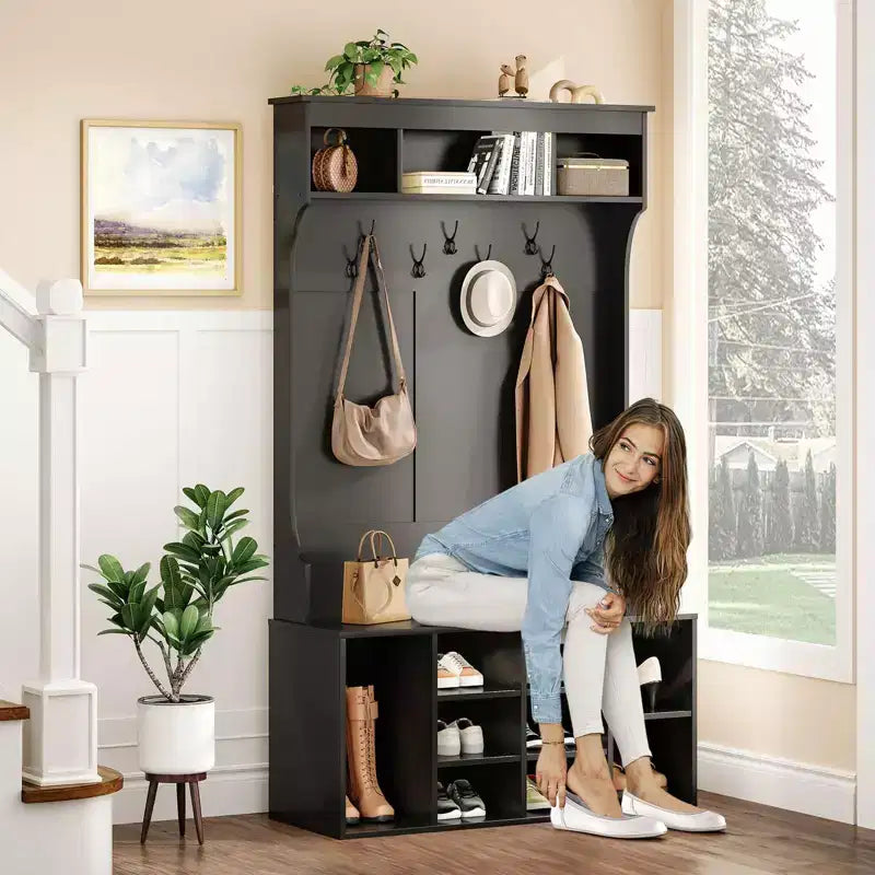 70.9IN Tall Storage Cabinet with Bench and Shelves, Freestanding Entryway Cabinet with 7 Coat Racks, Entryway Shoe Storage