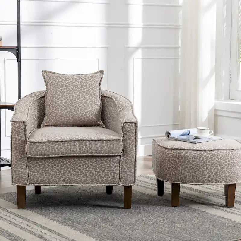 Linen/Polyester Upholstered Mid Century Barrel Chair with Ottoman