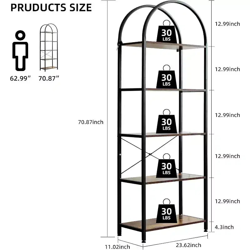 Modern Freestanding Display Shelving Unit Storage Bookshelf 5 Tier Bookcase Industrial Open Book Shelves,Rack Metal Frame for Bedroom Living Room