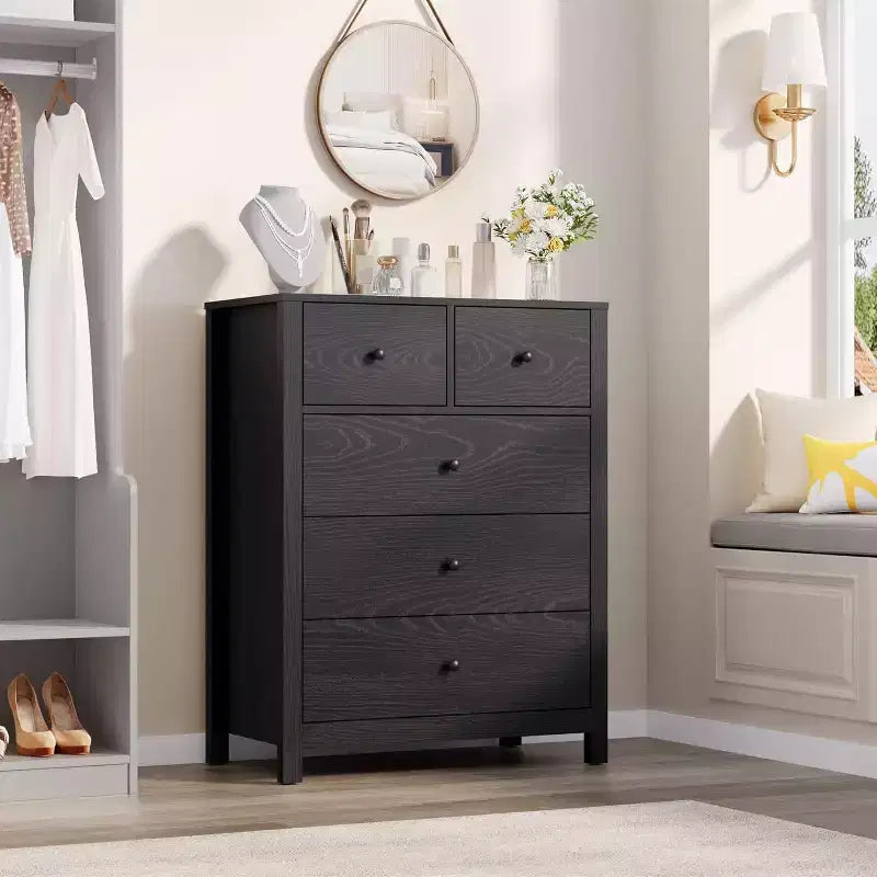 5-Drawer Wood Dresser with Natural Finish, Modern Storage Chest for Bedroom, Nursery, and Hallway