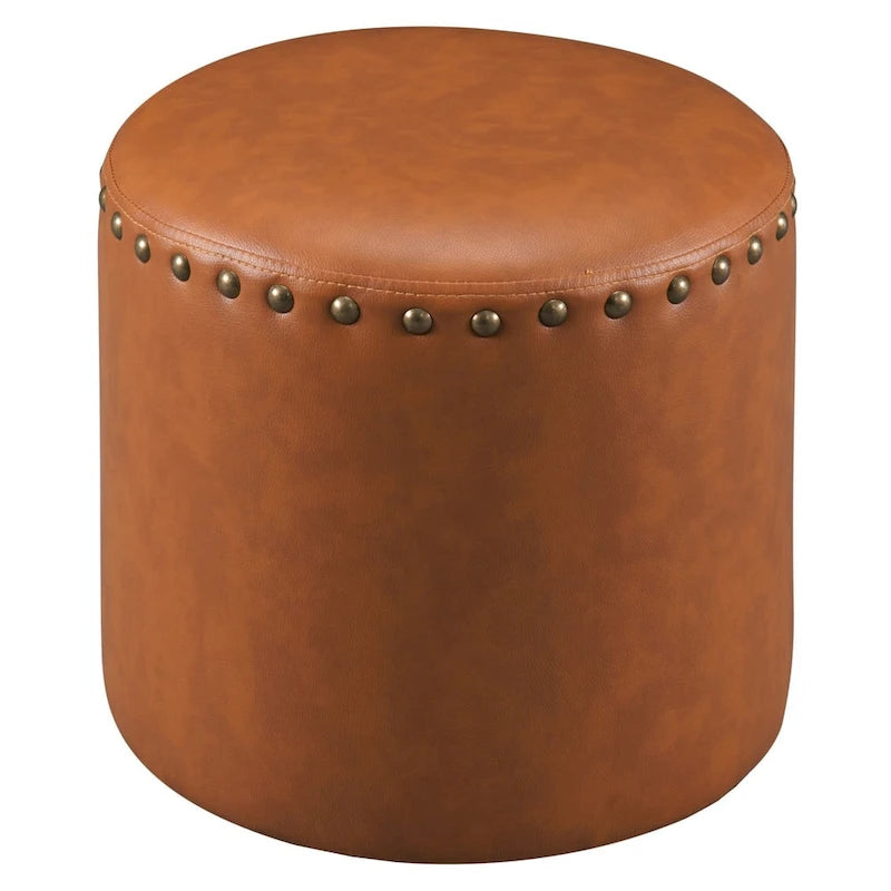 Round Faux Leather Ottoman | Wood Frame & Foam Fill | 4 Colors | Bohemian Style
