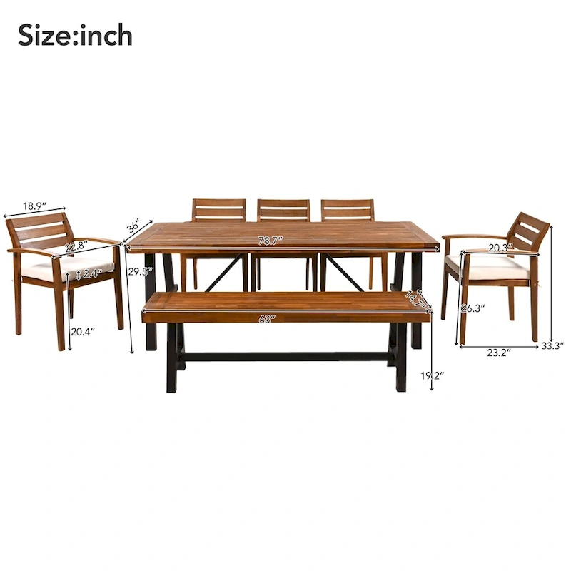 7 Pieces Outdoor Wood Dining Set with Removable Cushion &Thicker Table