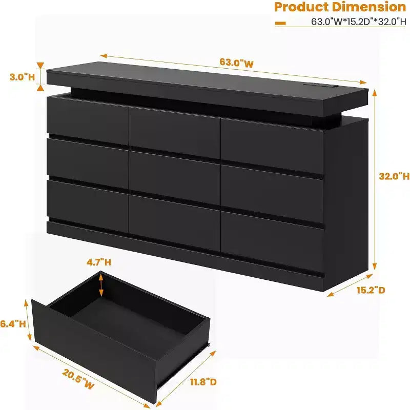 Acekool 9 Drawer Dresser with Ports and Outlets, 63 Inch Wide Chest of Drawers and TV Stand, Bedroom Storage Cabinet