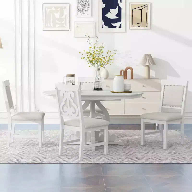 Farmhouse Kitchen Table Set for 4, Wooden Extendable Round Dining Table Set and 4 Upholstered Chairs, Retro Dining Set for Kitchen
