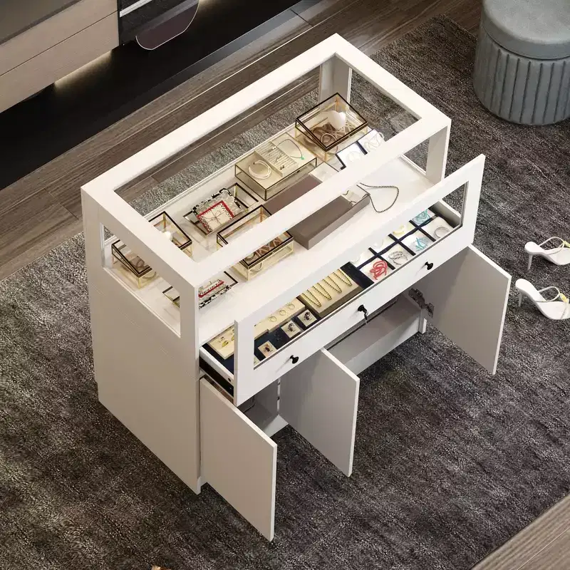 White Jewelry Armoire with Locking Glass Display Cabinet, Modern Freestanding Storage Organizer for Bedroom, Kitchen and Living Room