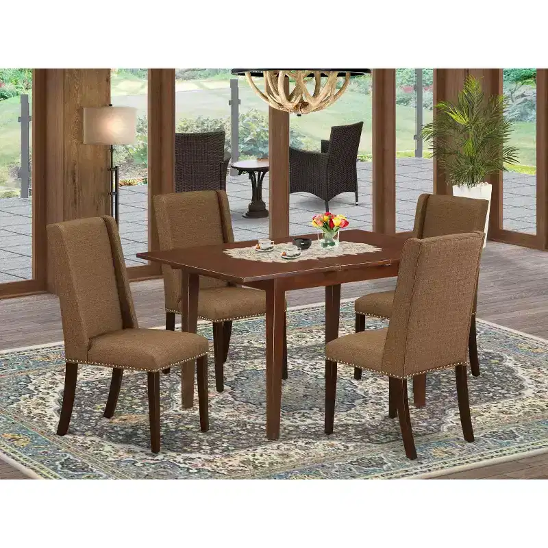 HomeStock 5-Piece Mahogany Finish Solid Wood Top Dining Table with 4 Parson Chair with Butterfly Leaf