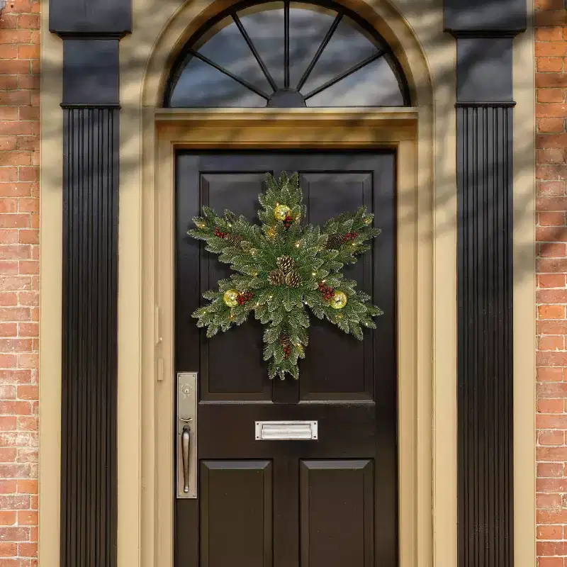 National Tree Company Pre-Lit Artificial Christmas Hanging Snowflake, Green, Dunhill Fir, with Pine Cones, Berry Clusters, Frosted Branches,32 Inches
