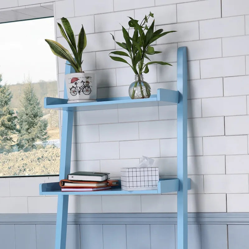 5-Tier Leaning Ladder Shelf Bookcase with Solid Wood Legs
