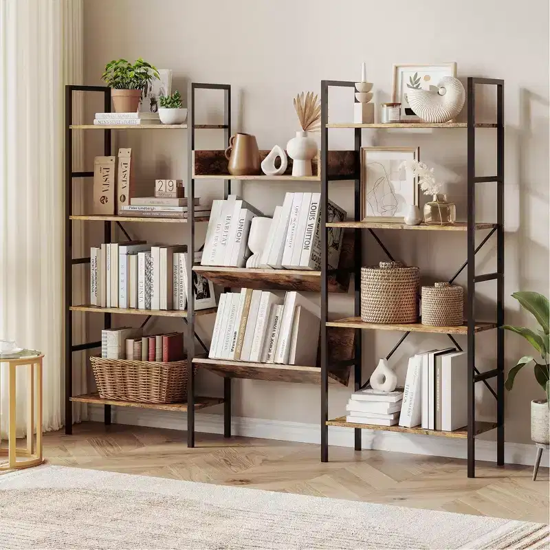 4-Tier Industrial Bookshelf, Triple Wide Bookcase with 11 Adjustable Shelves, Rustic Wood & Metal Storage Shelf for Living Room, Bedroom, Home Office