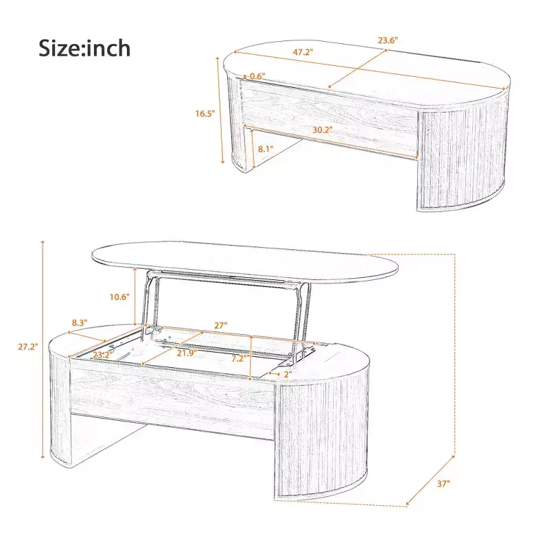 47.2 Lift Top Coffee Table with Hidden Compartment, Oval, Brown