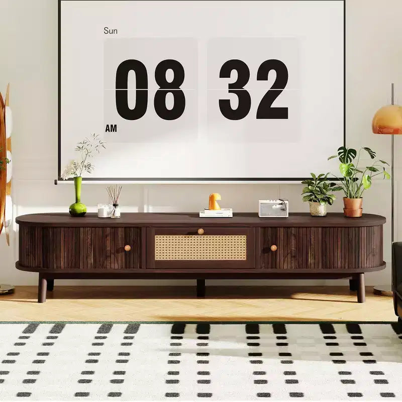 Modern TV Cabinet for 75-Inch, Media Console with Rattan Drawer Front, 1 Drawer, 2 Sliding Door Cabinets, for Living Room