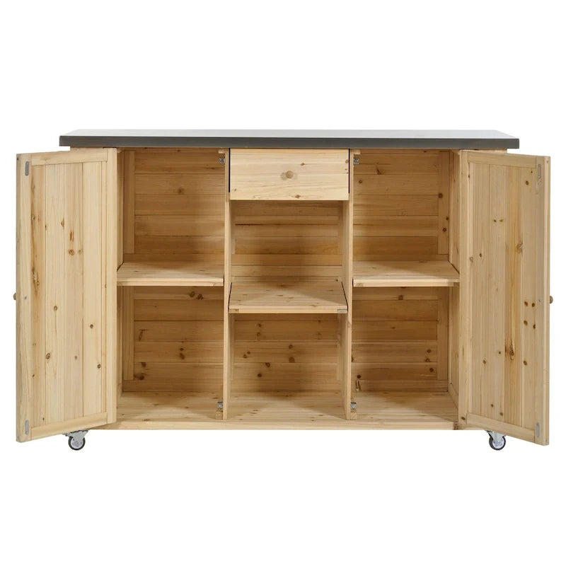 Outdoor Kitchen Island, Rustic Fir Wood with Stainless Steel Top and Smart Storage
