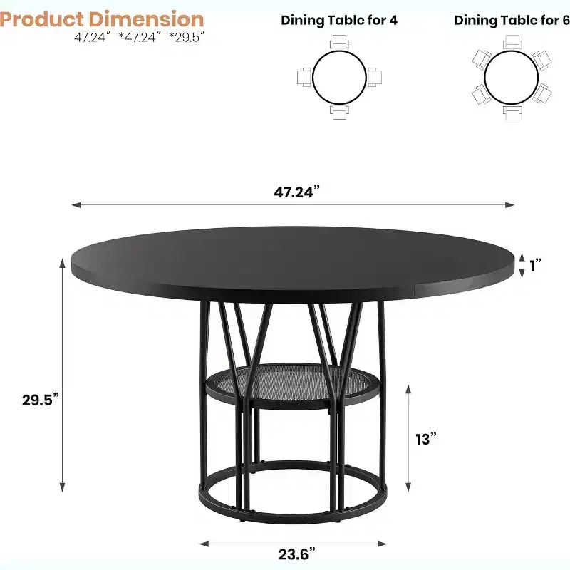 Acekool 47 Round Dining Table with Storage Shelf, Sturdy Metal Frame Kitchen Table for Dining Room or Office