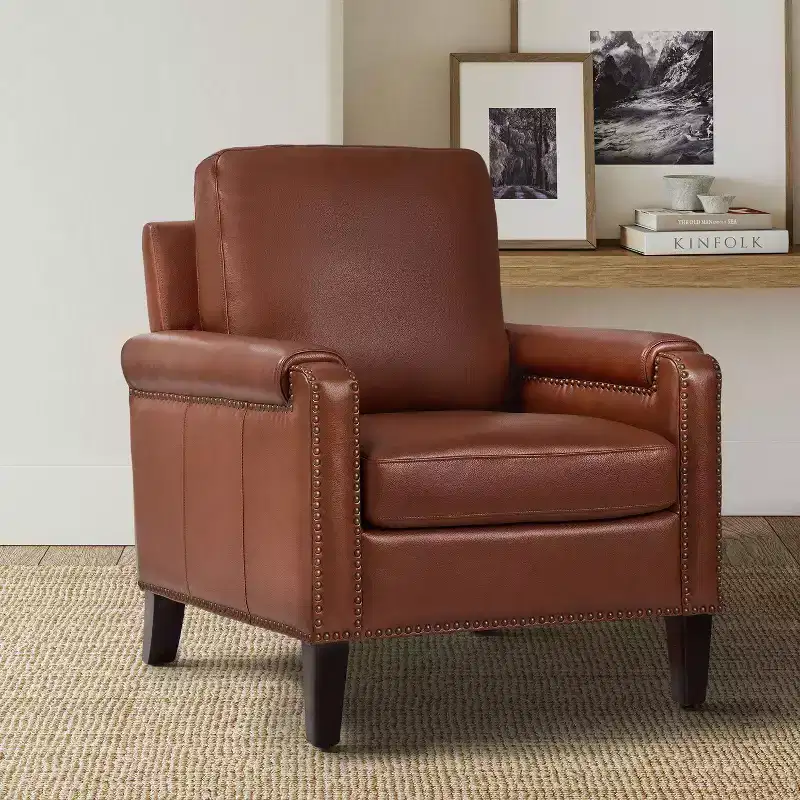 Hellmuth Genuine Leather Armchair with Removable Cushion and Nailhead Trims | HULALA HOME
